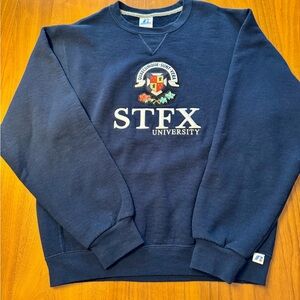 STFX University Sweatshirt. Navy Blue with Embroidered School Crest, size small